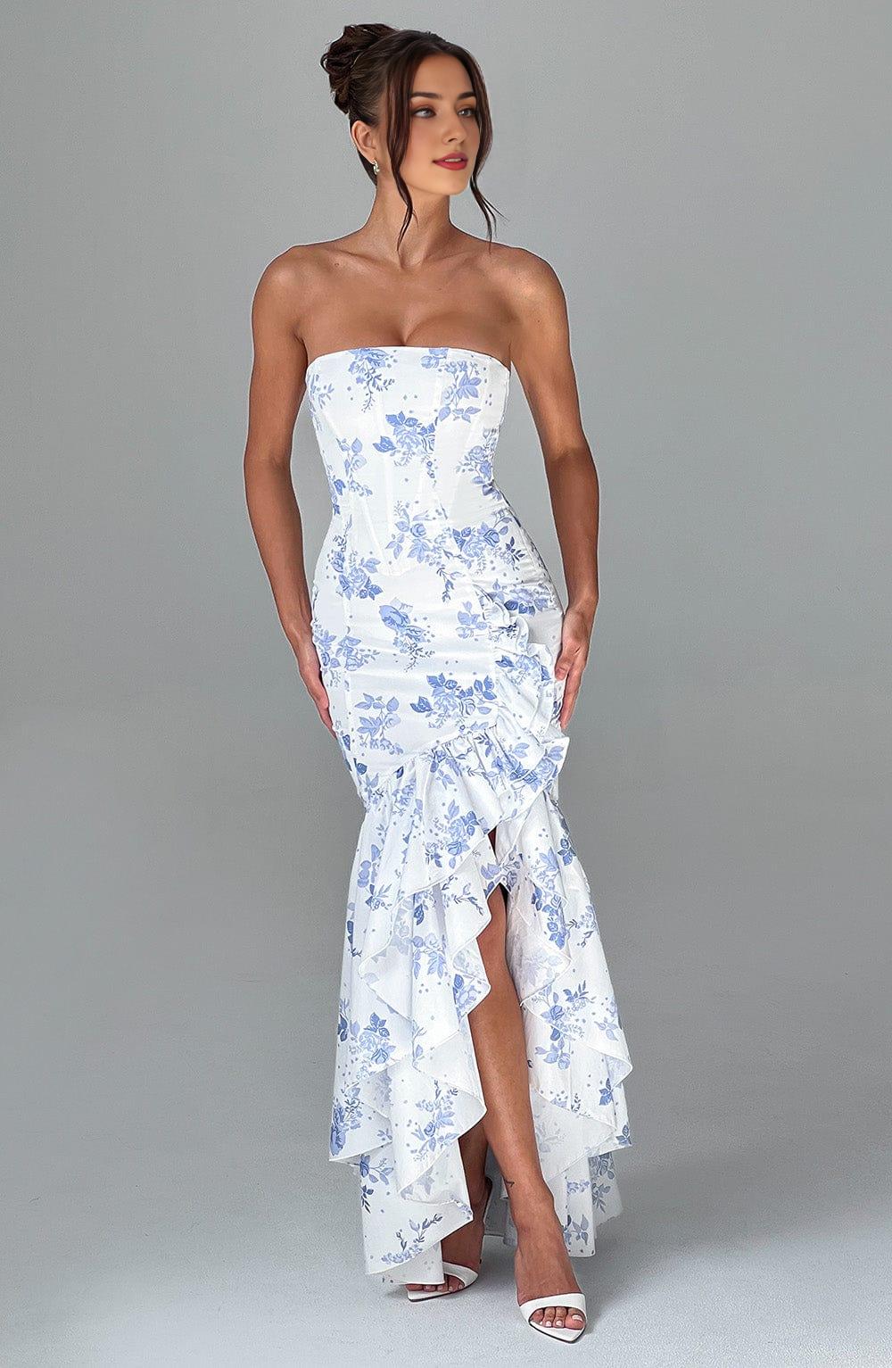Sleeveless Chic Long Mermaid Prom Dresses with Slit Blue Floral Print Strapless Formal Evening Gown Ruffle Wedding Party Dresses