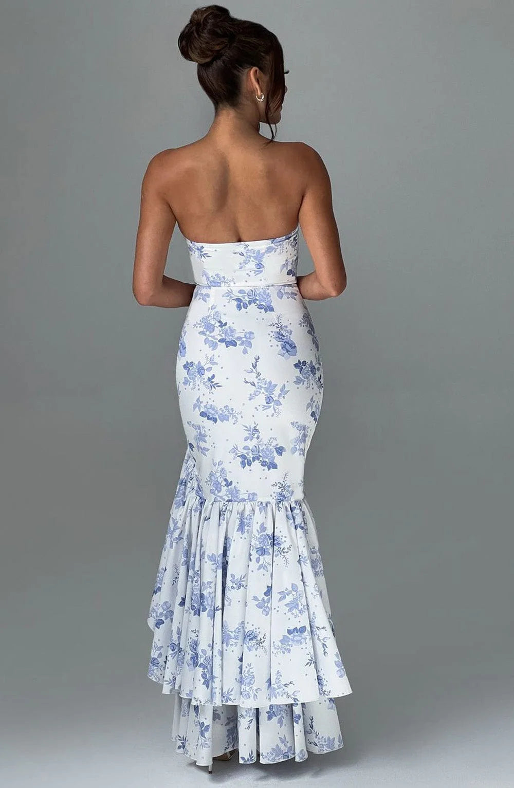 Sleeveless Chic Long Mermaid Prom Dresses with Slit Blue Floral Print Strapless Formal Evening Gown Ruffle Wedding Party Dresses