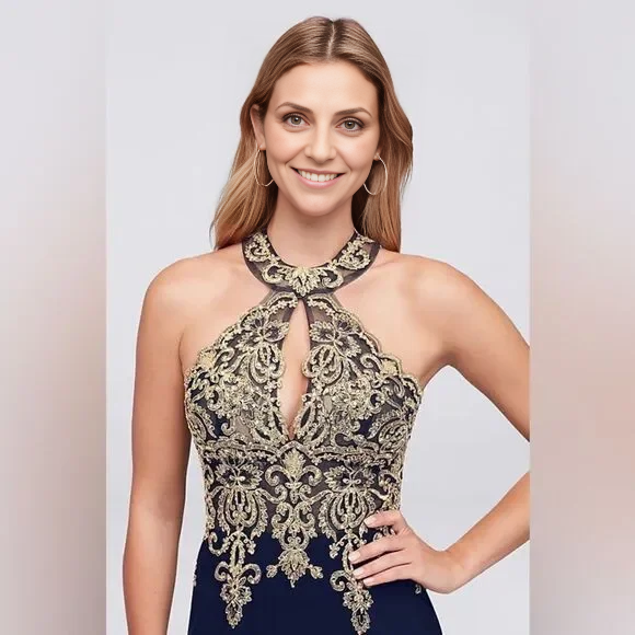 Sleeveless Metallic Lace And Round Neck Halter Gown Mermaid Floor Length Prom Dress