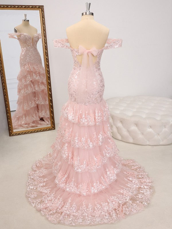 Sleeveless Sheath Off-the-Shoulder Appliques Lace Sweep Train Tulle Corset Prom Dress