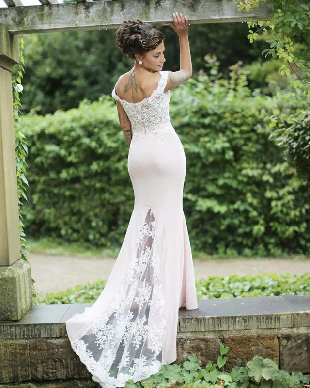 Sleeveless Low Neck Mermaid Bridesmaid Prom Dresses Lace Train 