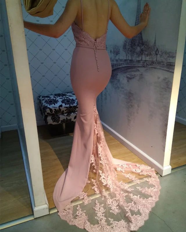 Sleeveless Spaghetti Straps Sweetheart Mermaid Prom Dresses Lace Train 