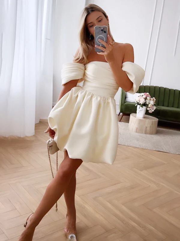 Solid Princess Dress Sexy Off-the-Shoulder Short Sleeve Homecoming Dress