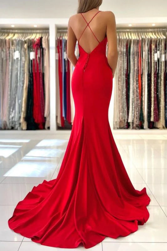 Spaghetti Strap Backless Red Prom Dresses Mermaid V-Neck Evening Dress With Train