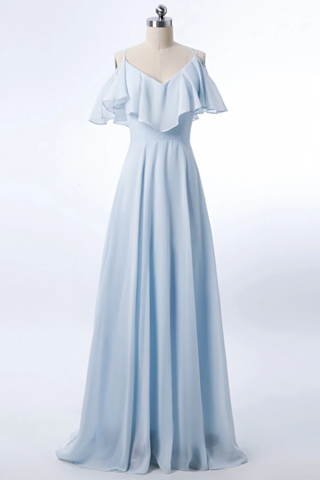 Spaghetti Straps A-line Light Blue Chiffon Long Bridesmaid Dress Prom Dress In Store