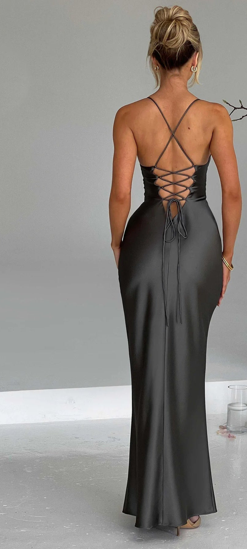 Spaghetti Straps Open Back Sleeveless Gorgeous Long Dress Feminine Corset Lace-up Prom Dress