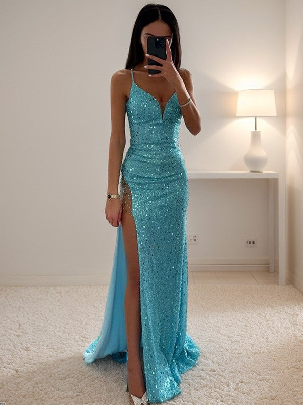 Spaghetti Straps Sheath V-neck Sweep Train Dress Prom Dress With Slit