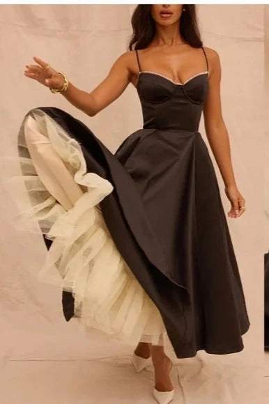 Spaghetti Straps Sleeveless A-line Strapless Black Satin Tulle Midi Dress Prom Dress