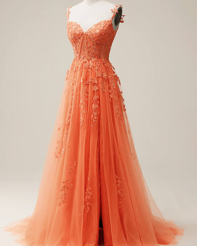 Spaghetti Straps A-line Tulle Split Prom Dress With Lace Appliques