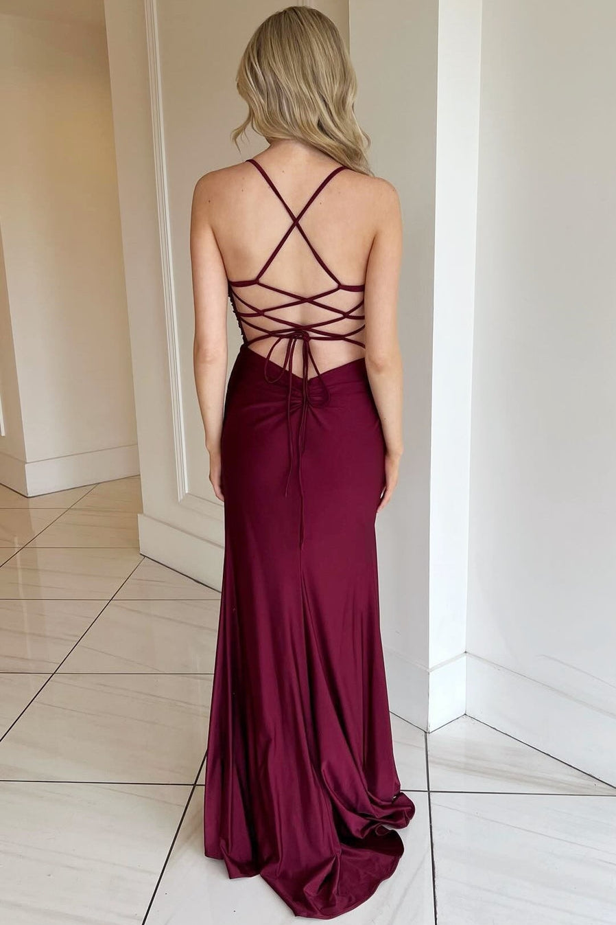 Spaghetti Straps Backless Deep V Neck Lace-Up Prom Dress with Slit