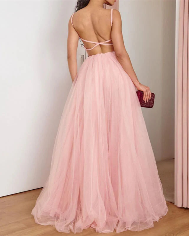 Spaghetti Straps Pink Tulle Corset Top Backless Prom Dress