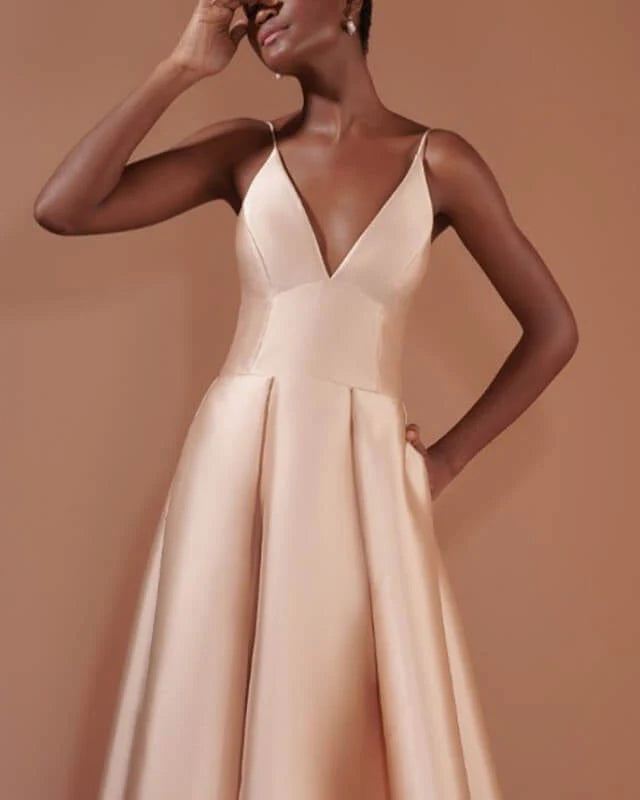 Spaghetti Straps Satin Deep V-neck Floor Length Prom Dress With Pocktes