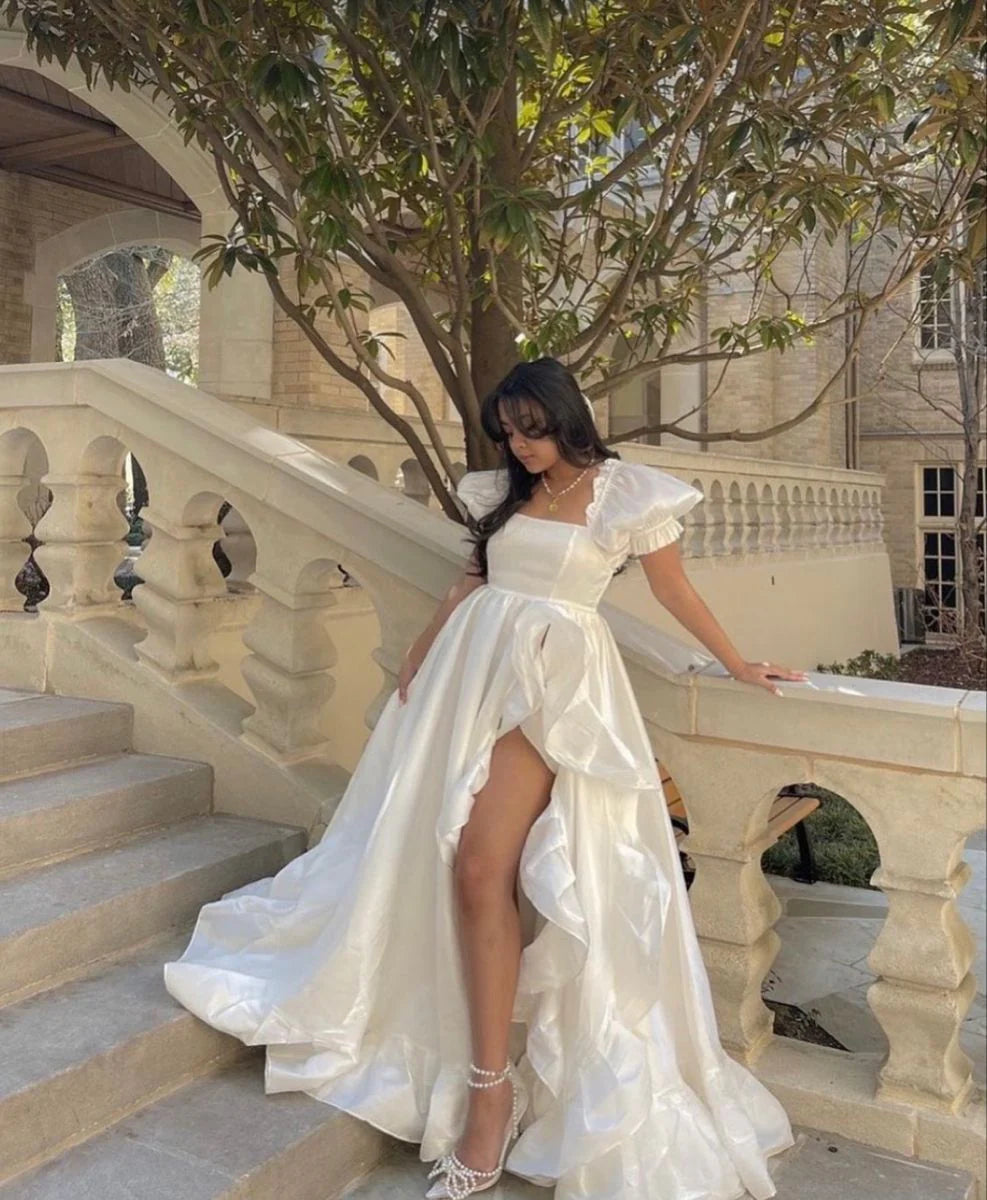 Square Neck Ruffle Vintage Floor Length White Satin Wedding Dress With Slit
