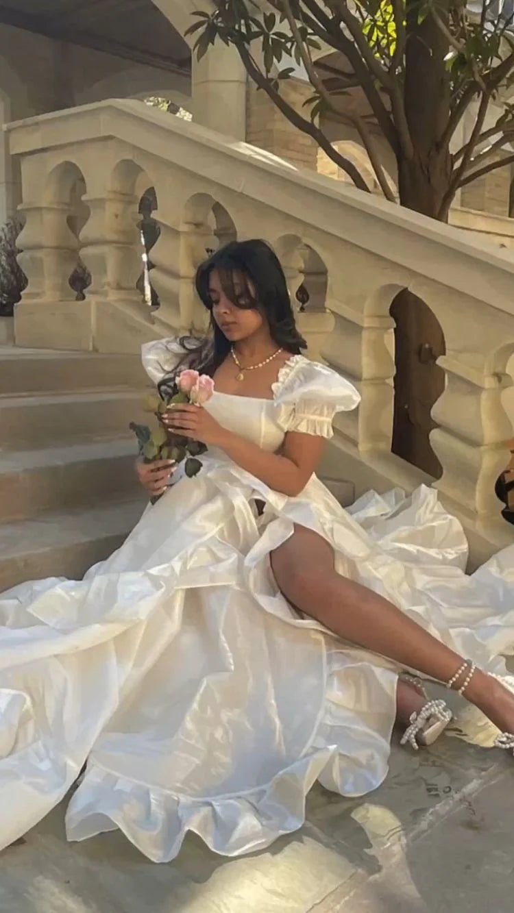 Square Neck Ruffle Vintage Floor Length White Satin Wedding Dress With Slit