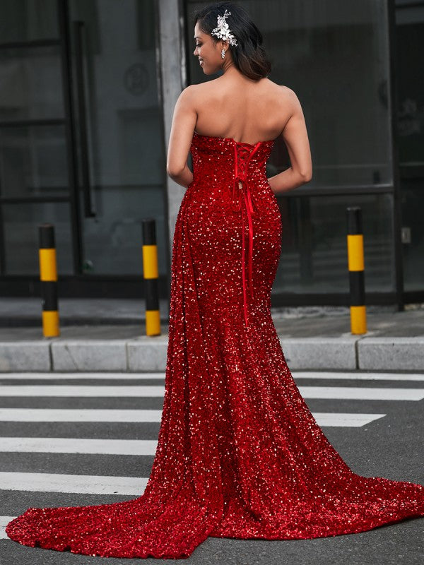Strapless Sheath Column Sleeveless Sweetheart Beading Court Train Dress Prom Dress