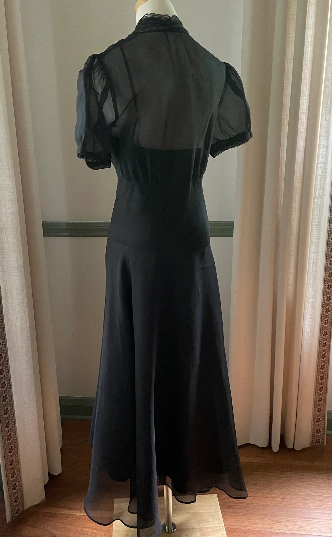 Stunning Vintage Black Party Dress With Sheer Lace Bodice Vintage Formal or Cocktail Tea Length Dress Black Gown Prom Dress