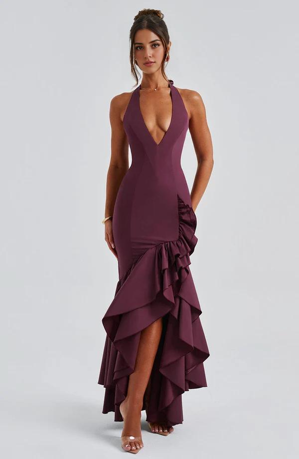 Stunning Halter Plunge Neck Bodice Ruffle Detail Feminine Split Prom Dress