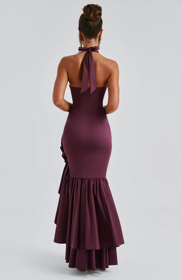 Stunning Halter Plunge Neck Bodice Ruffle Detail Feminine Split Prom Dress