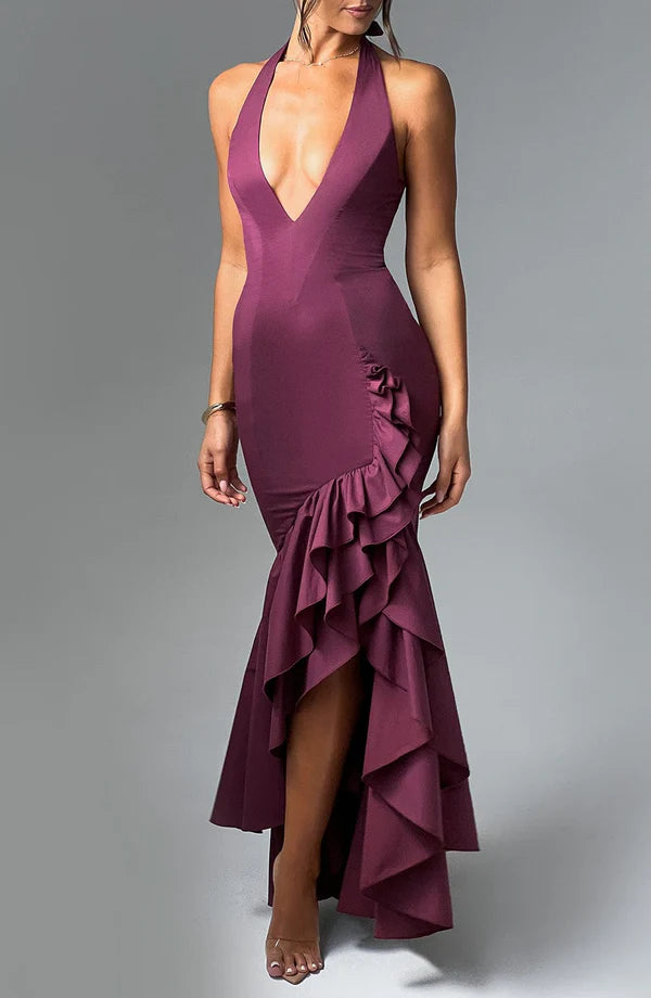 Stunning Halter Plunge Neck Bodice Ruffle Detail Feminine Split Prom Dress