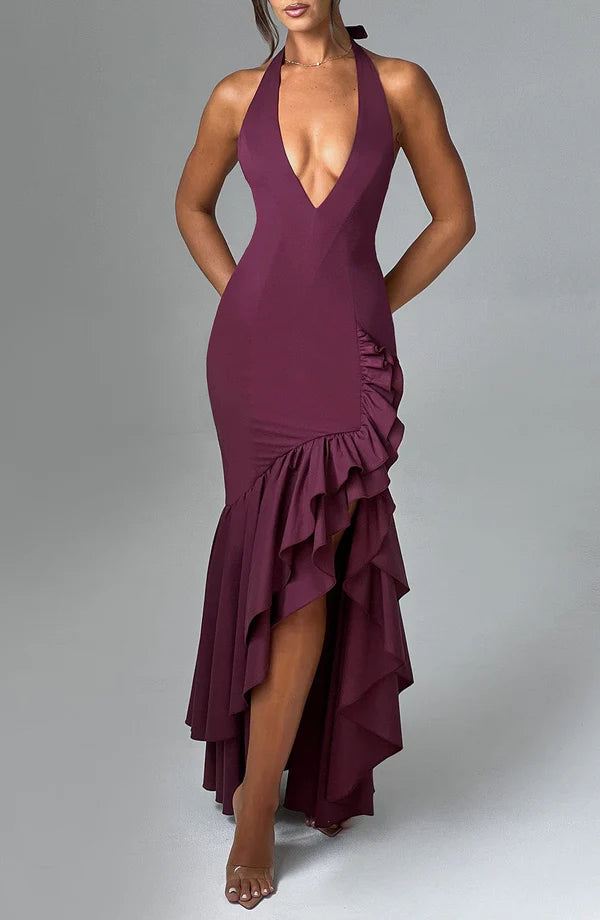 Stunning Halter Plunge Neck Bodice Ruffle Detail Feminine Split Prom Dress