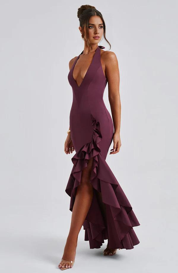 Stunning Halter Plunge Neck Bodice Ruffle Detail Feminine Split Prom Dress