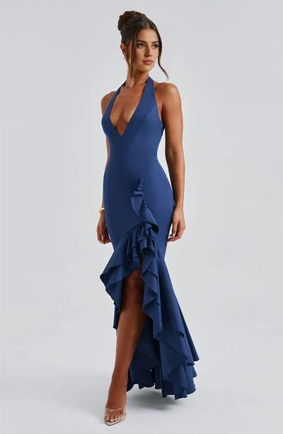 Stunning Halter Plunge Neck Bodice Ruffle Detail Feminine Split Prom Dress