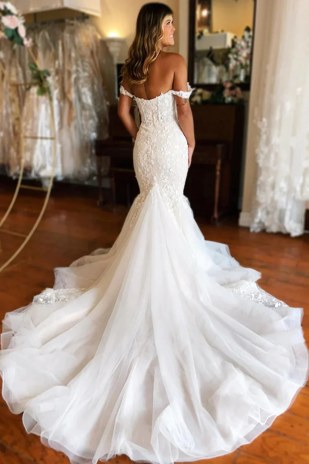Xuewuba Dress White Off-The-Shoulder Mermaid Tulle Prom Wedding Dress Formal Women's Dresses