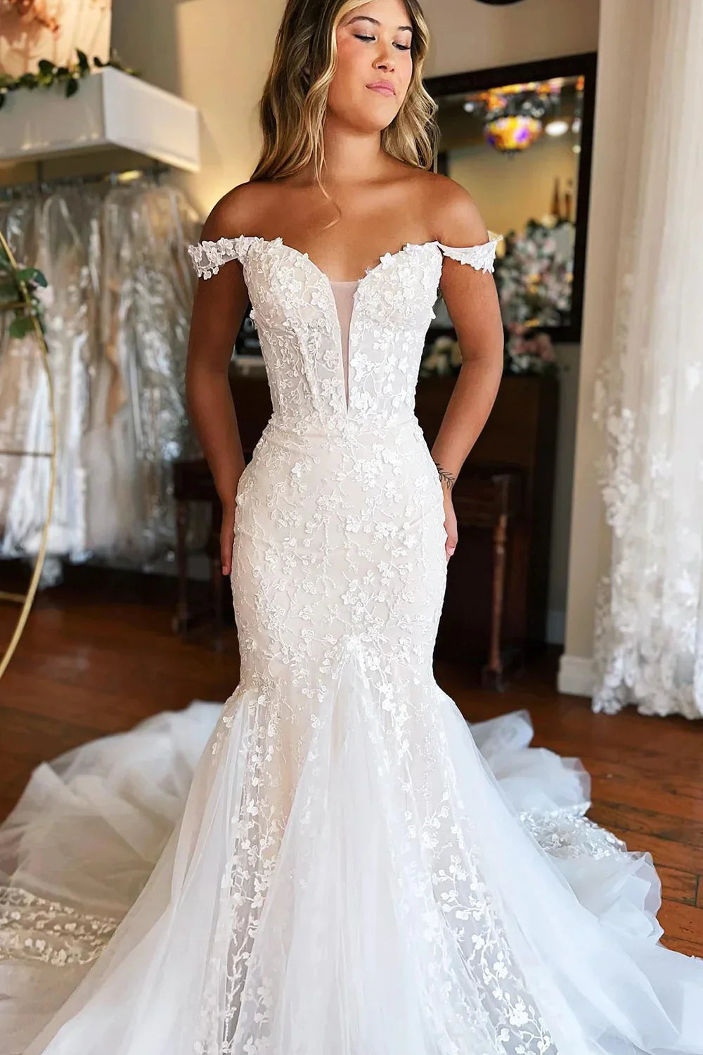Xuewuba Dress White Off-The-Shoulder Mermaid Tulle Prom Wedding Dress Formal Women's Dresses