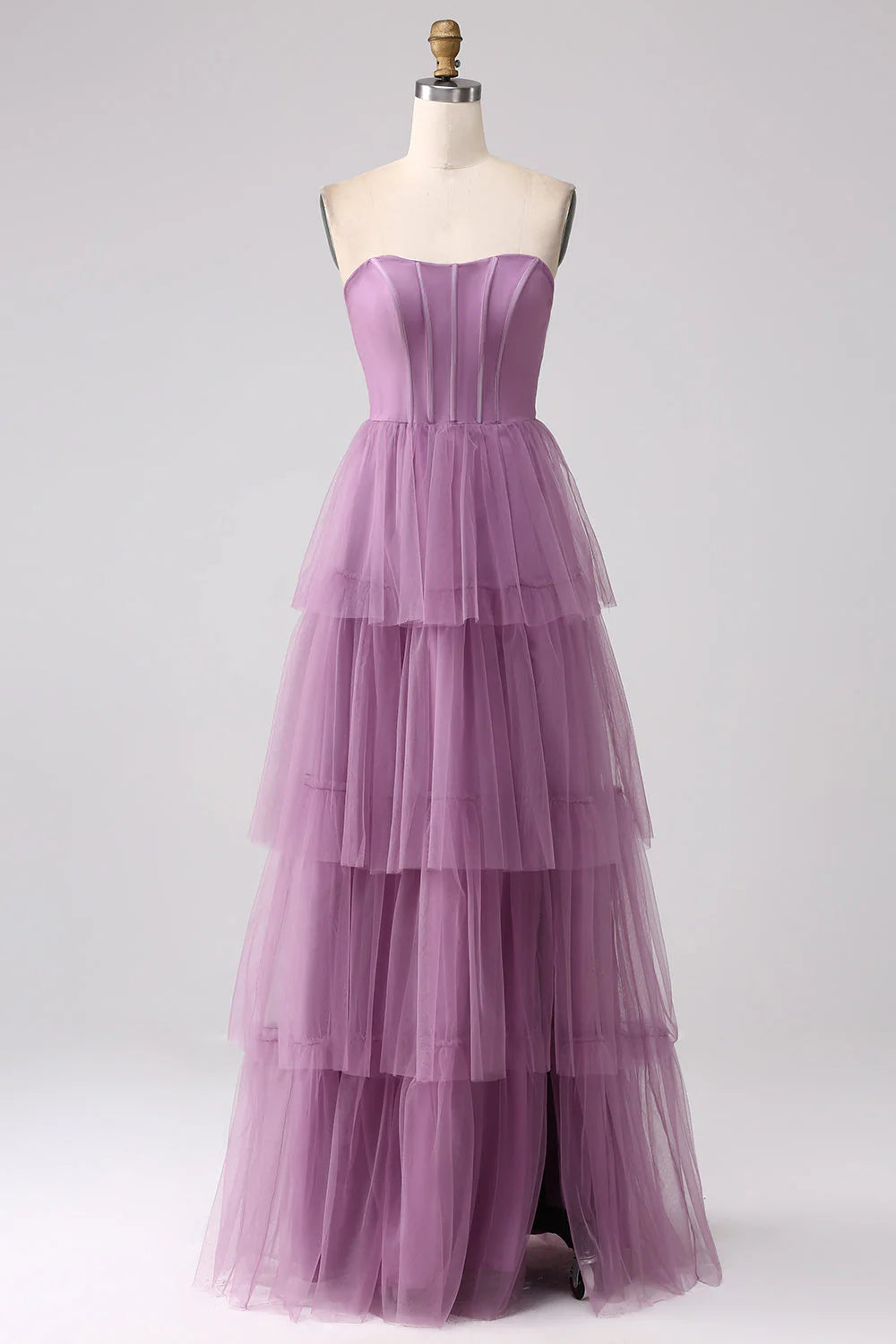 A Line Tulle Tiered Pleated Long Prom Dress With Slit
