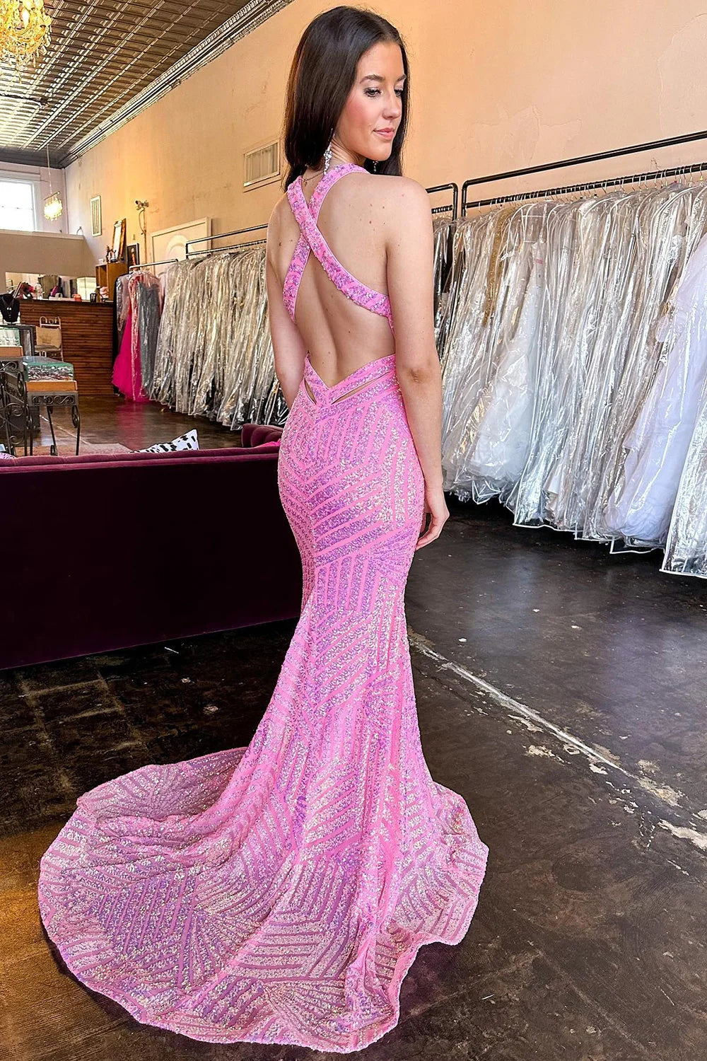 Mermaid Halter Sequins Hot Pink Cross Back Prom Dress