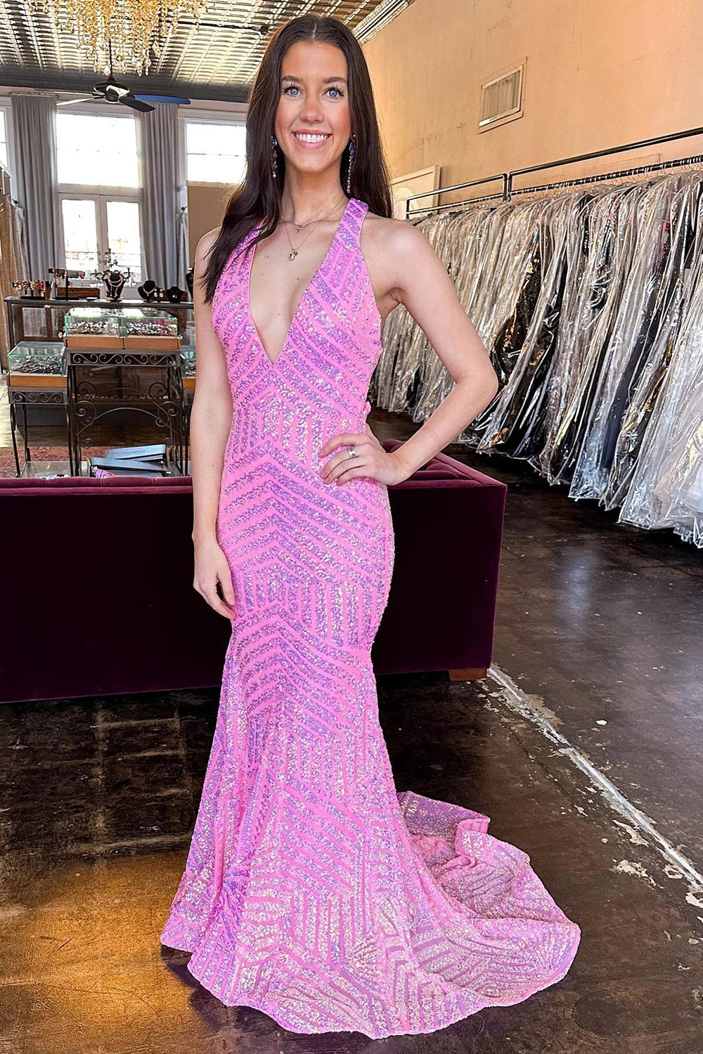 Mermaid Halter Sequins Hot Pink Cross Back Prom Dress