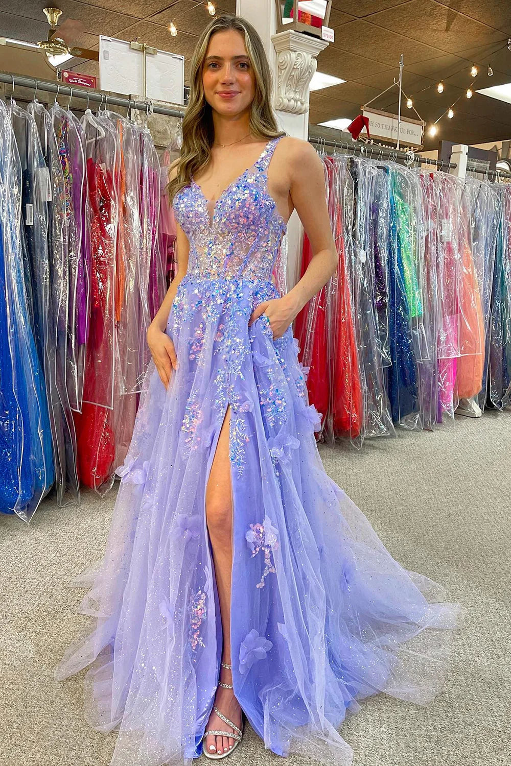 Appliqued Sequins Tulle Sweetheart Lavender Prom Dress With Slit