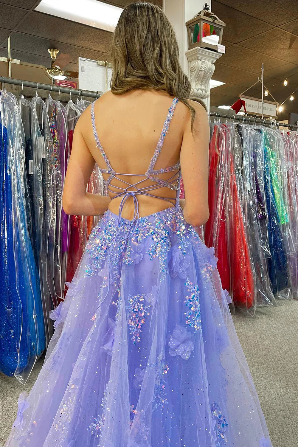 Appliqued Sequins Tulle Sweetheart Lavender Prom Dress With Slit