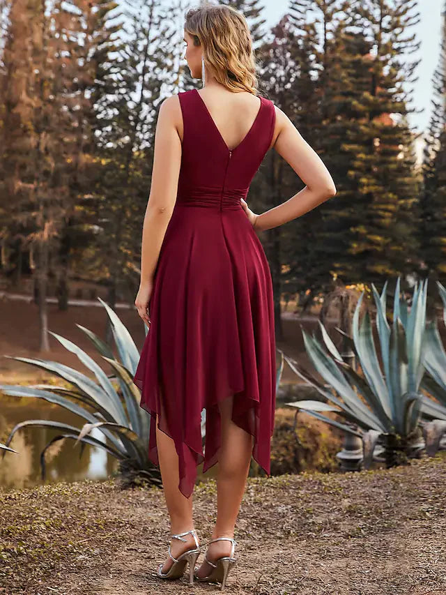 A-Line V Neck Asymmetrical Chiffon Bridesmaid Dress