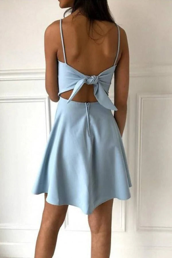 Xuewuba Dress A-Line Spaghetti Straps Above-Knee Light Blue Satin Homecoming Dress