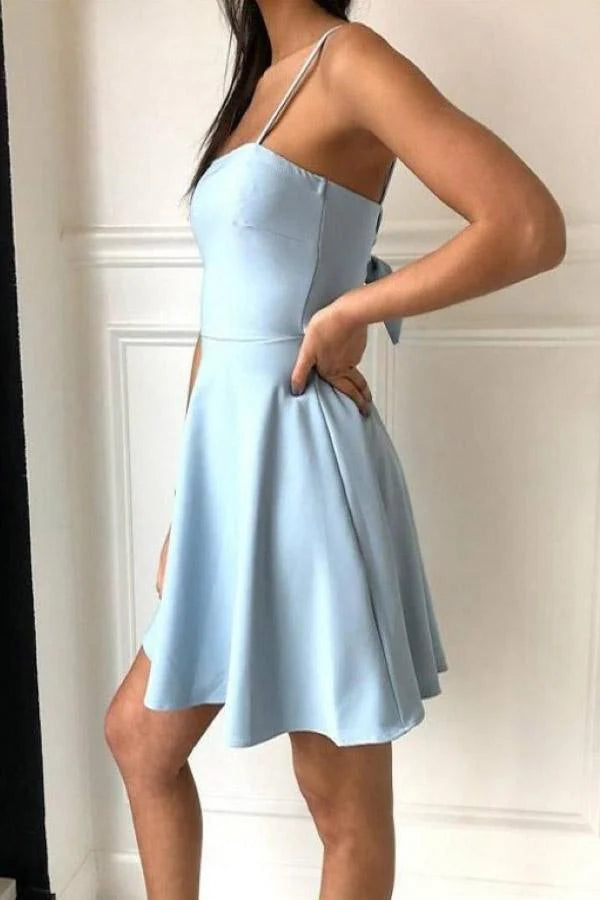 Xuewuba Dress A-Line Spaghetti Straps Above-Knee Light Blue Satin Homecoming Dress