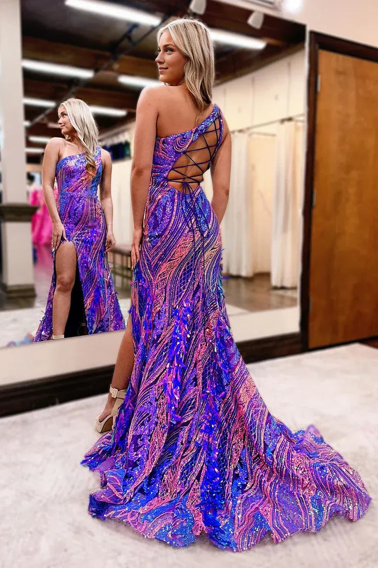 Xuewuba Dress Mermaid One Shoulder Open Back Sequins Long Prom Dress with Slit