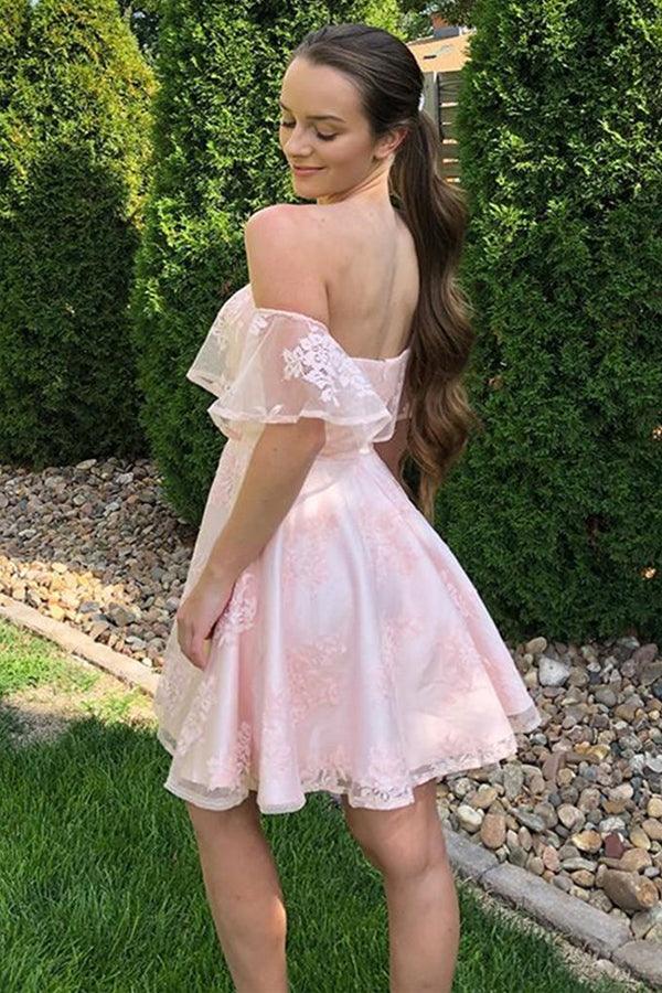 Xuewuba Dress Off the Shoulder Short Pink Lace Prom Dresses Homecoming Dresses
