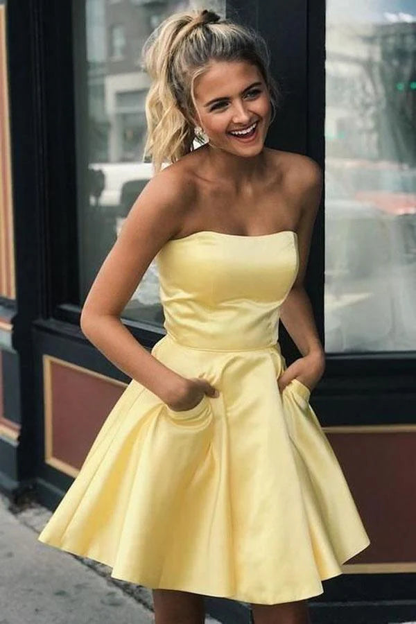 Xuewuba Dress Simple Strapless Short Prom Dress Yellow Homecoming Dress with Pockets