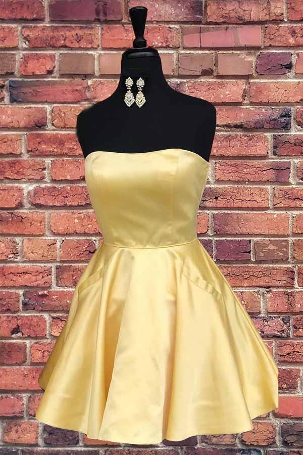 Xuewuba Dress Simple Strapless Short Prom Dress Yellow Homecoming Dress with Pockets