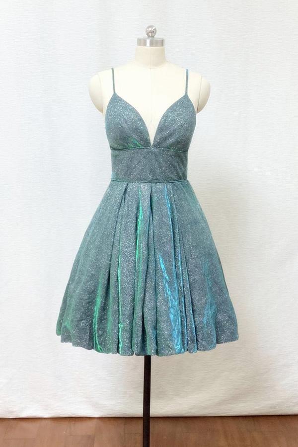 Xuewuba Dress Spaghetti Straps Silver Green Glitter Short Homecoming Dress