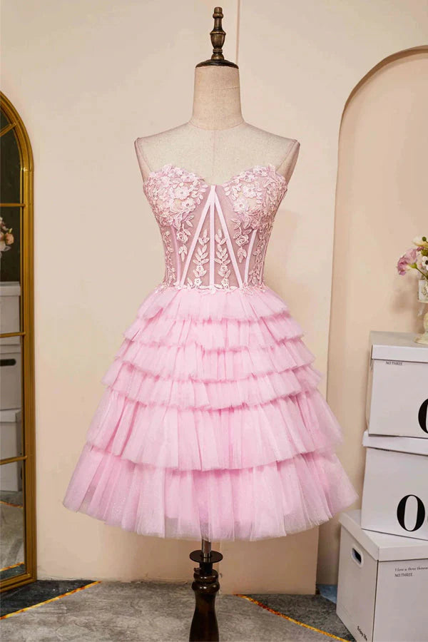 Xuewuba Dress Sweetheart Neck Layered Strapless Pink Homecoming Dress