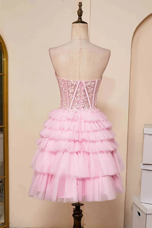 Xuewuba Dress Sweetheart Neck Layered Strapless Pink Homecoming Dress