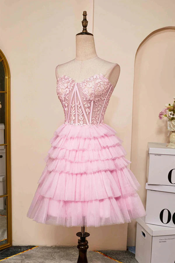 Xuewuba Dress Sweetheart Neck Layered Strapless Pink Homecoming Dress