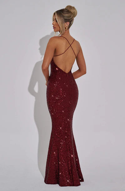 Women's Sexy Backless Sequin Long Dress Halter Corset Birthday Party Prom Wedding Evening Dress