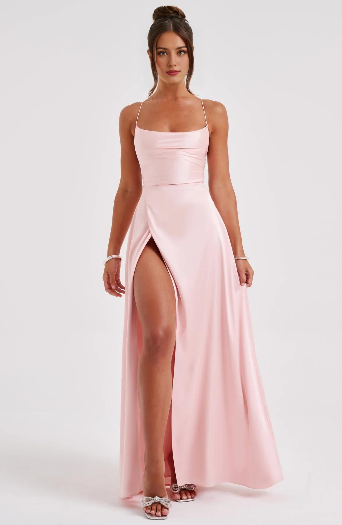 Women's Spaghetti Straps Silk Satin Bridesmaid Dresses Long Formal Blush Prom Dress Gown with Hight Slit