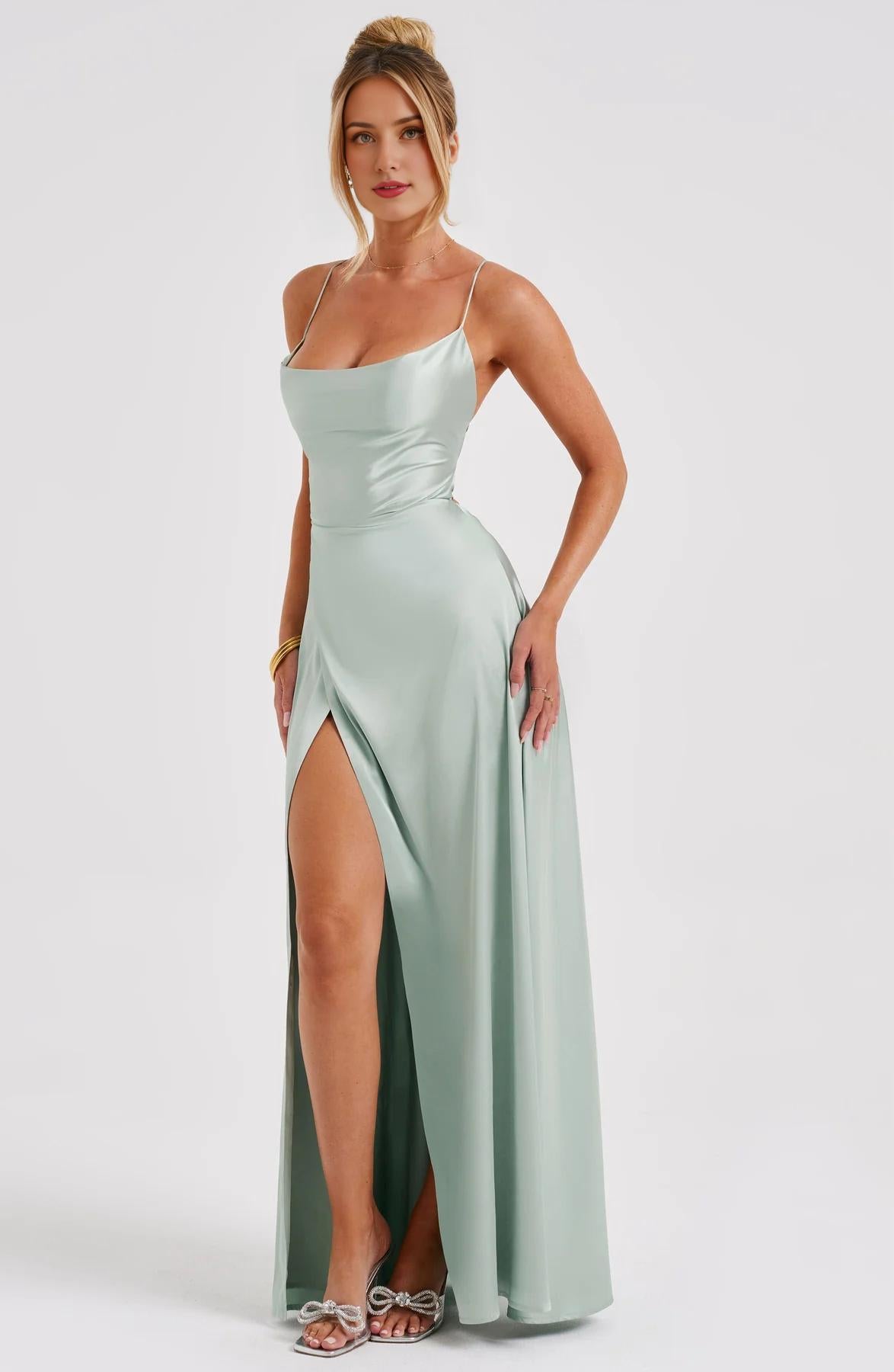 Women's Spaghetti Straps Silk Satin Bridesmaid Dresses Long Formal Blush Prom Dress Gown with Hight Slit