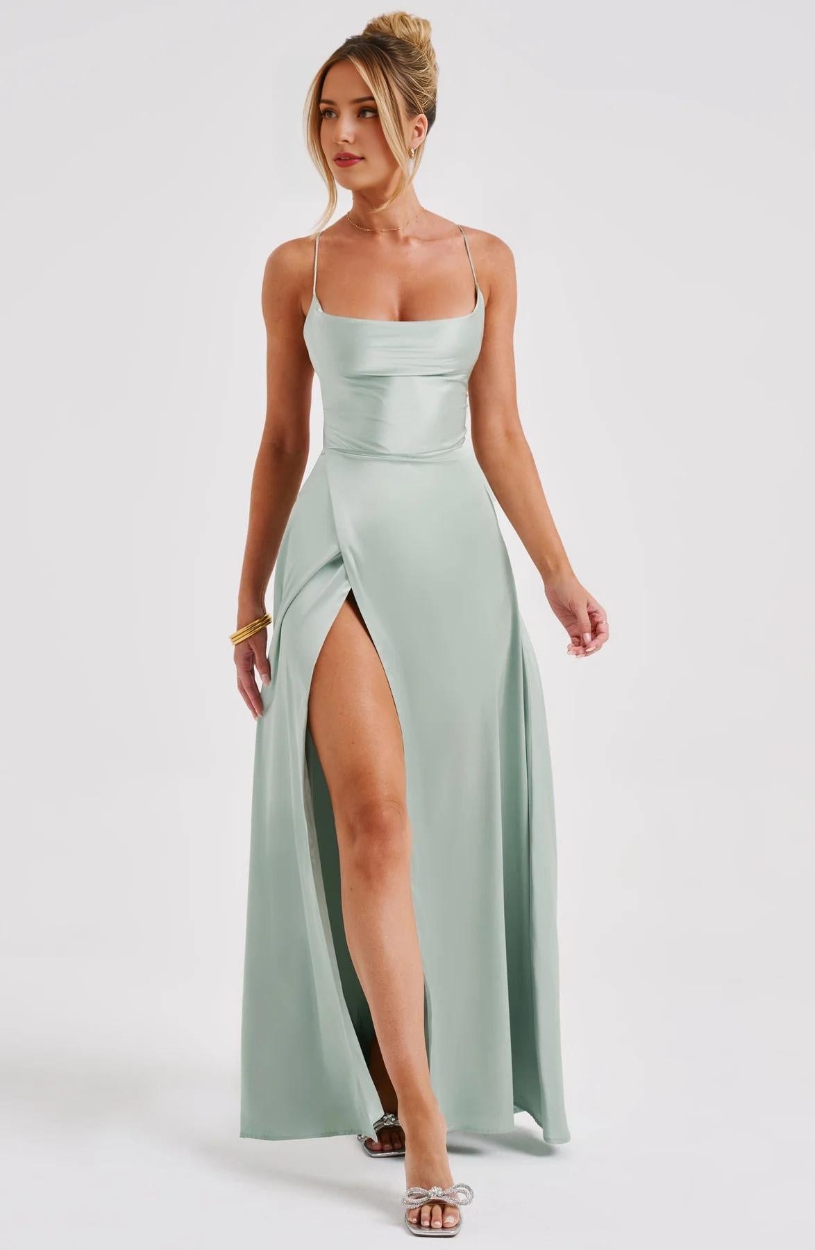 Women's Spaghetti Straps Silk Satin Bridesmaid Dresses Long Formal Blush Prom Dress Gown with Hight Slit