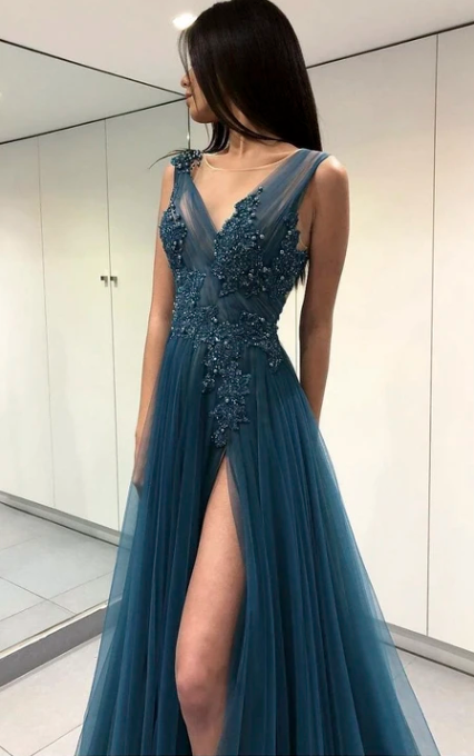 Xuewuba Dress V-neck Ethereal Tulle Front Split Floor-length Dress With Appliques And Beading Prom Dress Formal Wear Dresses