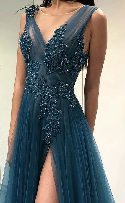 Xuewuba Dress V-neck Ethereal Tulle Front Split Floor-length Dress With Appliques And Beading Prom Dress Formal Wear Dresses